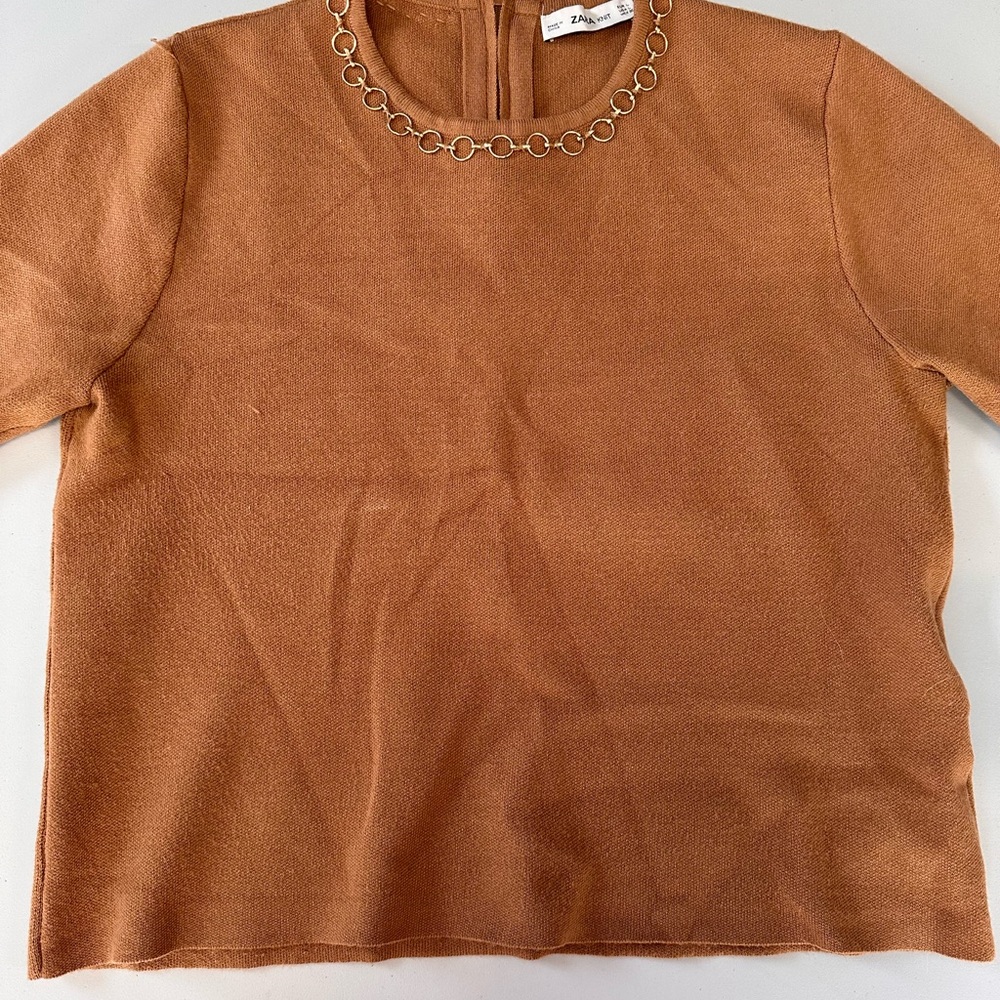 Zara Brown Boxy Embellished Short Sleeve T-Shirt
